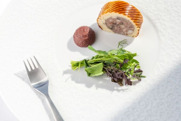 RABBIT PÂTÉ WITH FRESH SPRING SALAD BOUQUET AND HOUSE CHERRY MUSTARD